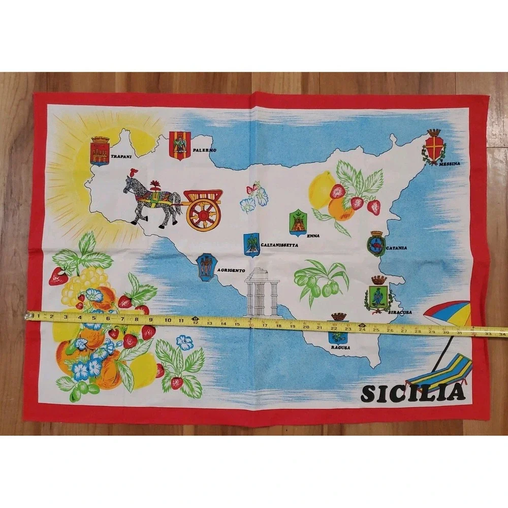 Vintage Souvenir SICILY SICILA MAP Red Blue White Cotton Kitchen Tea Towel